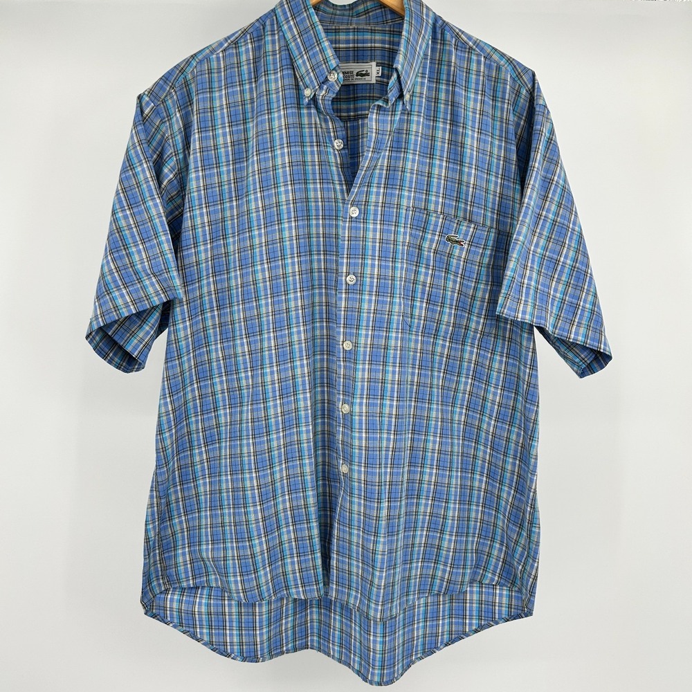 Vintage Lacoste Chemise Button Down Shirt Mens XL Plaid Made in France Preppy